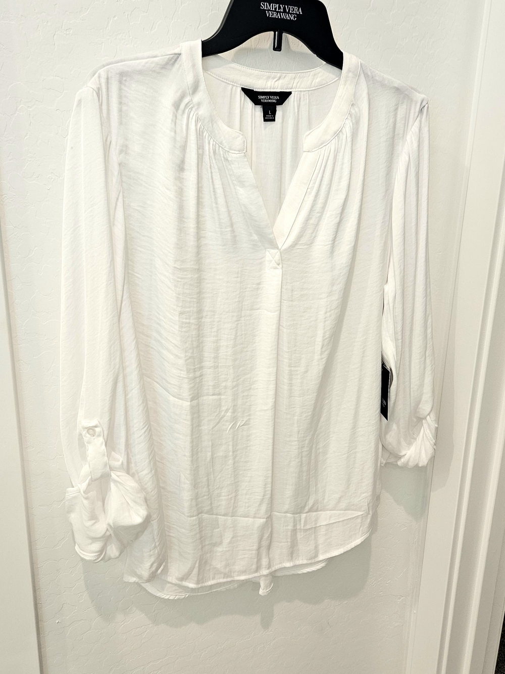 White V-Neck Roll-Sleeve Women's Top